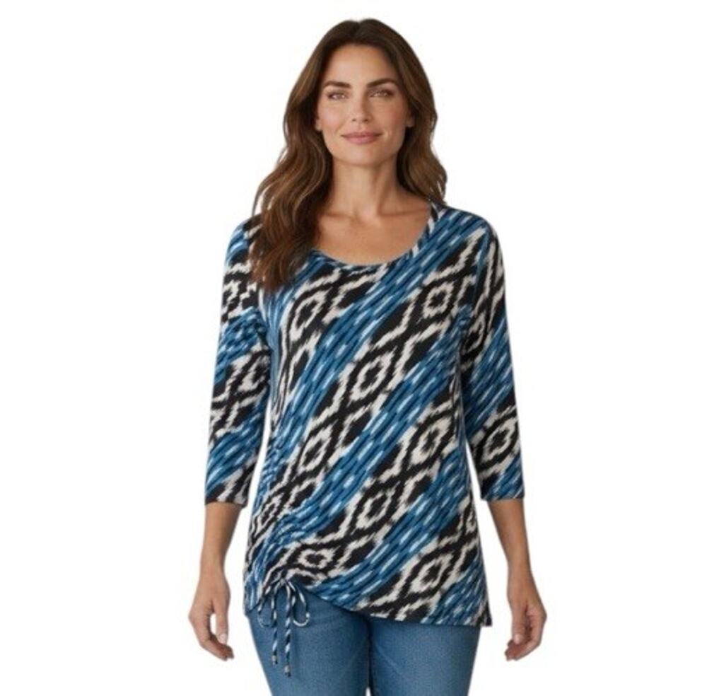 Ruby Rd. Petite Womens PXL Blue Ikat Geometric Scoop Neck 3/4 Sleeve Top Comfort